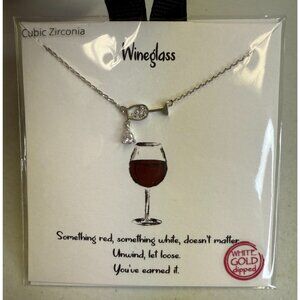 Wine Glass Necklace White Gold Dipped Cubic Zirconia 16 in Hypoallergenic Silver